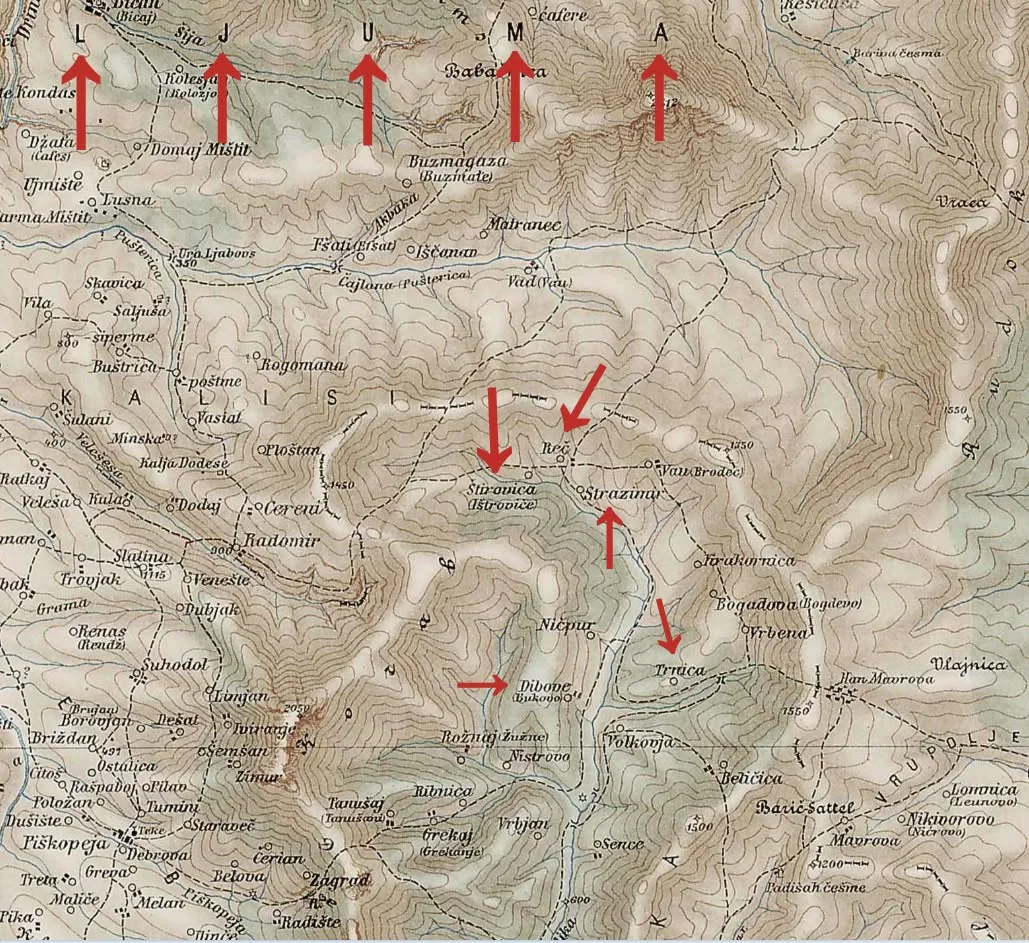 The Albanian villages of Shtiravica, Reçi, D'bova, Leskova and Tarrnica which were destroyed by invading Serbian forces in 1912
