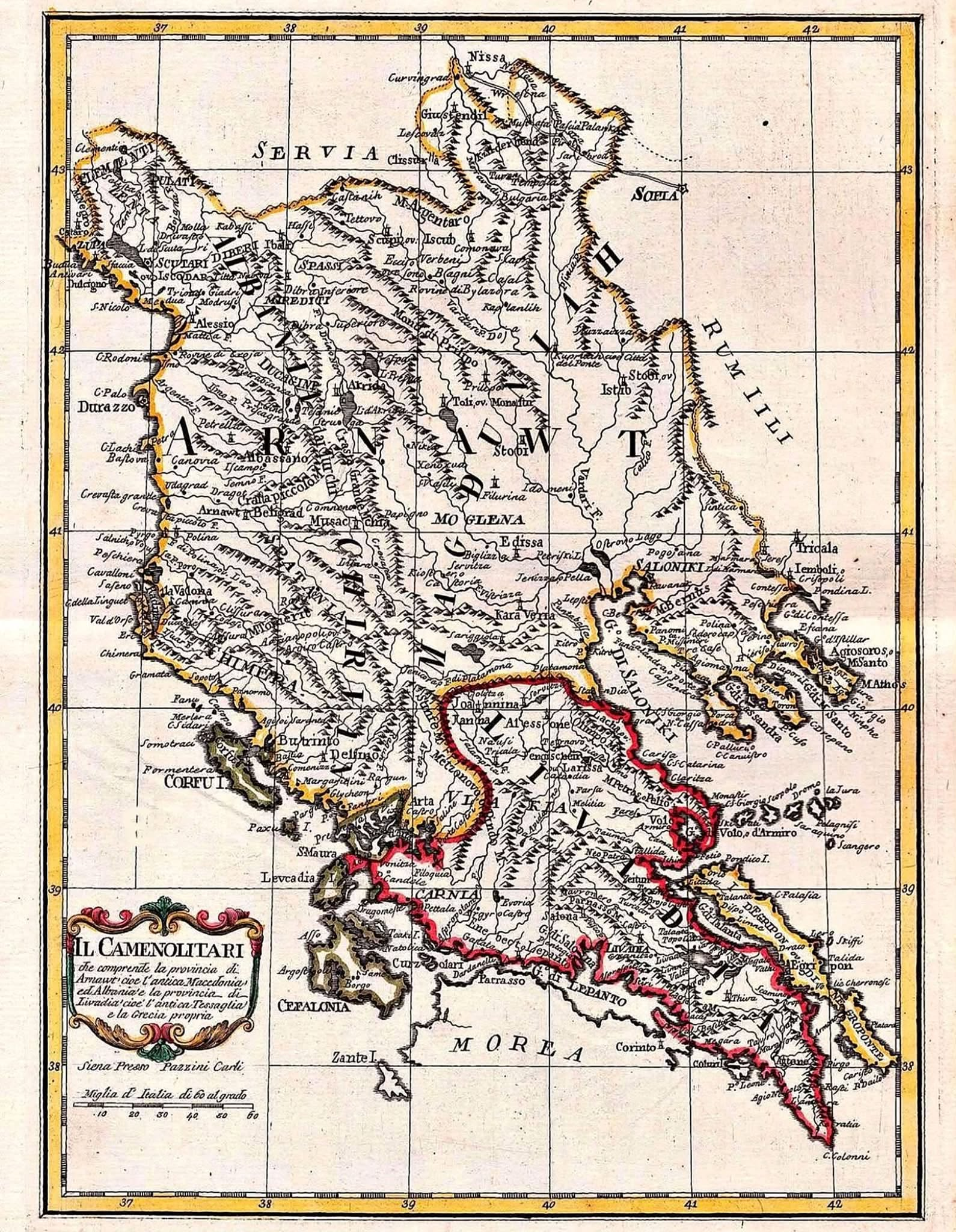 This map is 238 years old. It was drawn by Italian cartographer Bartolomeo Borghi and printed in Siena in 1788. Look at the single word running across its heart: "A R N A U T"