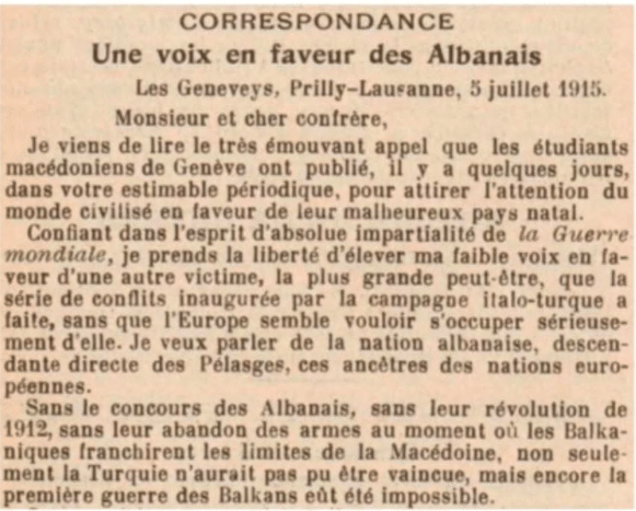 Sam Levy's letter in 1915/ "I raise my voice in favor of the Albanians, the ancestors of the European nations"