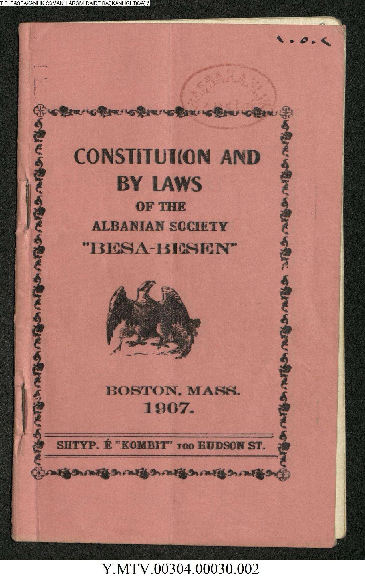 The founding brochure of the Albanian association named “Besa-Besen,” established in Boston, USA, 1907.